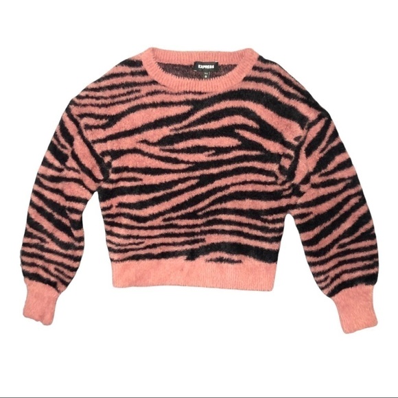 NWT EXPRESS Fuzzy Knit Zebra Stripe Puff Long Sleeve Cropped Pullover Sweater XS - Picture 4 of 7